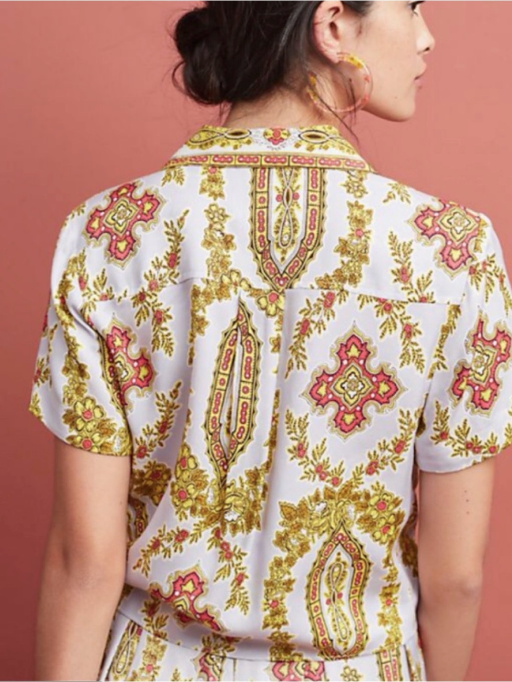 Anthropologie White Button-Down Shirt with Gold & Pink Paisley Print